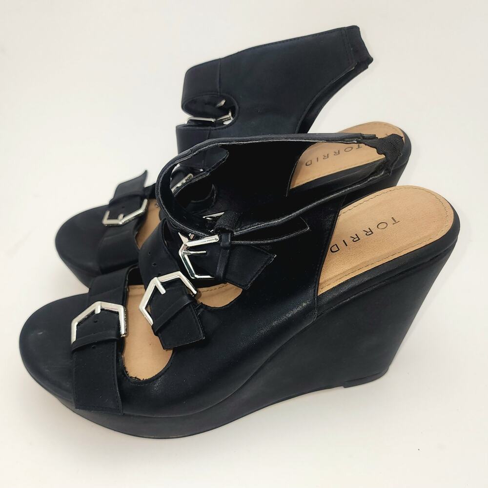 Torrid Sandals black wood btm platform faux leather buckle cage wedge Womens 11